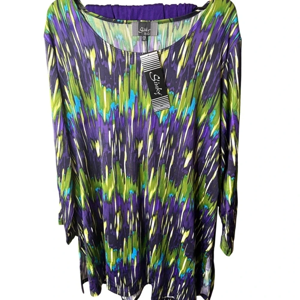Slinky Brand Womens 3X 2-Piece Set Purple Green Abstract Tunic Pant 3334S-F11J13